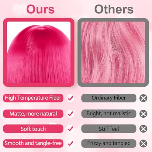 PLULON Hot Pink-Color Bob Wig with Heart Sunglasses Neon Colored Party Wig
